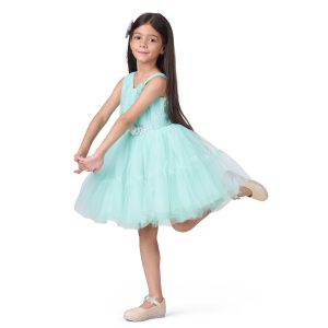 Net Casual Knee Length Cute Frill Green Frock Dress for Girls Kids