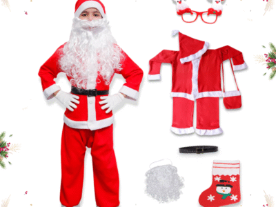 Santa Costume Outfit for Kids With Jacket Pant Santa Cap Gift Pouch Belt,Beard,Hanging Stocking & ,Red