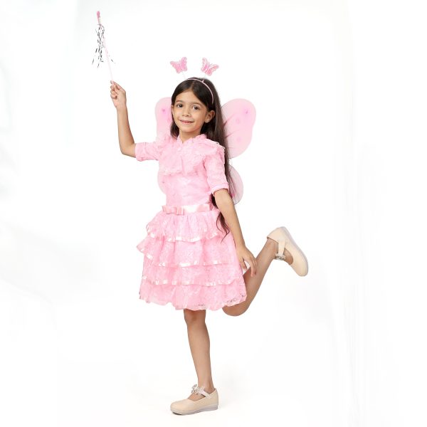 Net Casual Knee Length Cute Frill Fairy Pink Frock Dress with Wings, Fairy Stick and Head Band for Girls Kids - Image 3