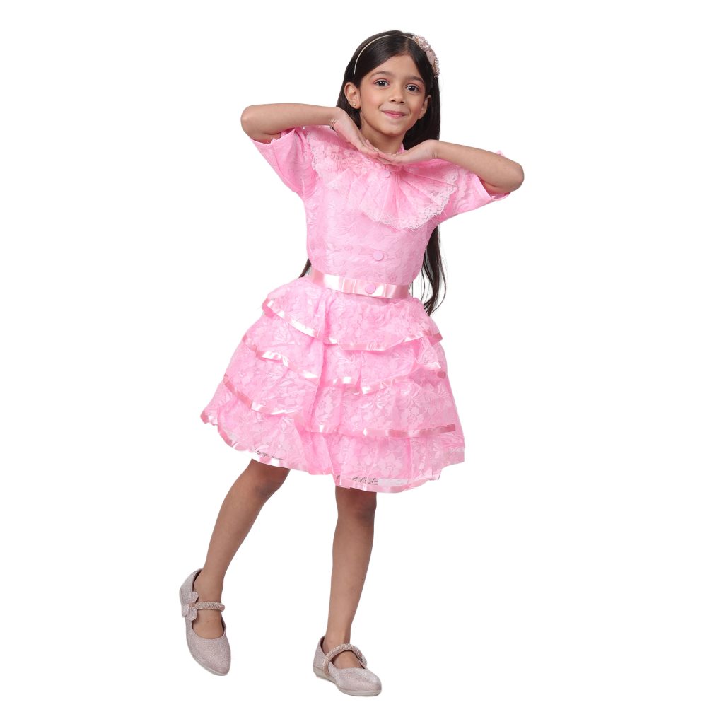 Net Casual Knee Length Cute Frill Fairy Pink Frock Dress with Wings, Fairy Stick and Head Band for Girls Kids - Image 2