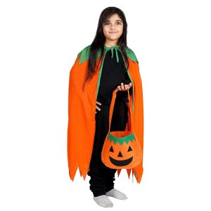 Halloween Pumpkin Dress for Boys & Girls Kids Orange Cape with Pumpkin Basket Complete Set with Accessories