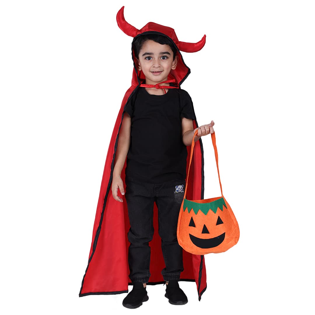 Halloween Dress for Boys & Girls Kids Red Cape with Devil Horn Pumpkin Basked Kids Costume Complete Set