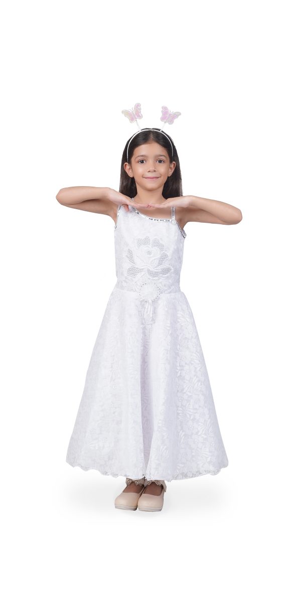 Net Casual Full Length Cute Frill Fairy Frock Dress with Wings, Fairy Stick and Head Band for Girls Kids