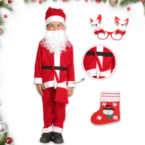 Santa Costume Outfit for Kids With Jacket Pant Santa Cap Gift Pouch Belt,Beard &Hanging Stocking ,Red