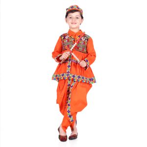 Gujarati Kedia Garba Dress for Boys Dhoti, Angrakha &Cap-Orange