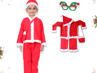 Santa Costume Outfit for Kids With Jacket Pant Santa Cap Gift Pouch Belt & Specs,Red