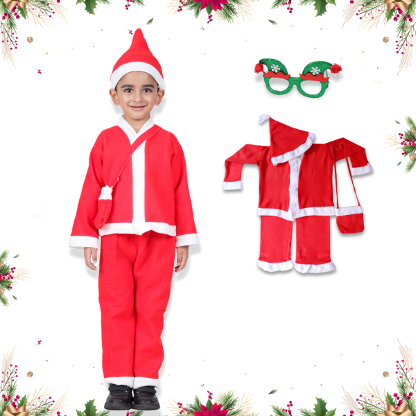 Santa Costume Outfit for Kids With Jacket Pant Santa Cap Gift Pouch Belt & Specs,Red