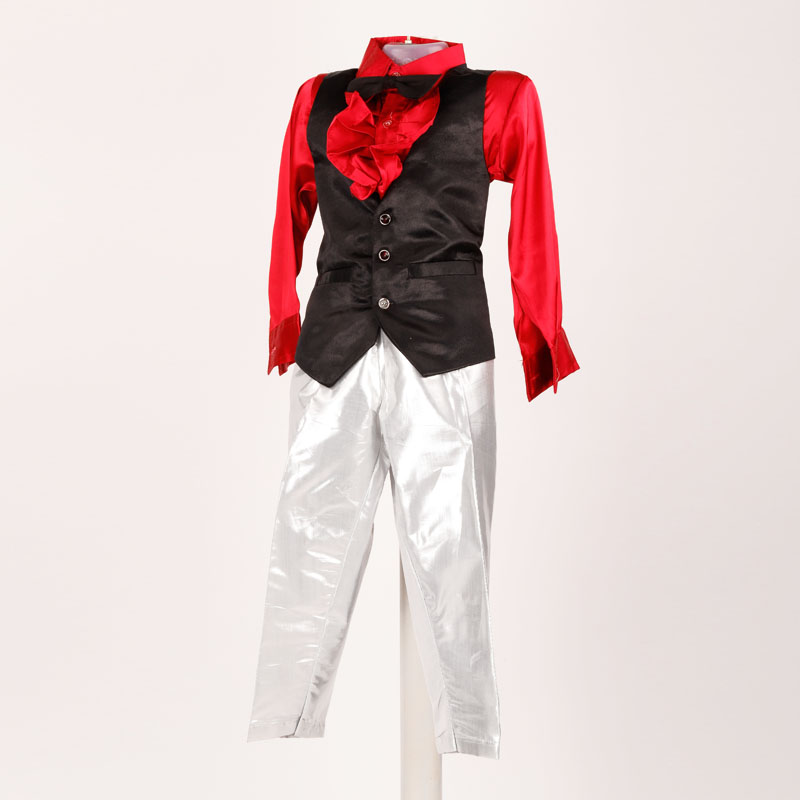 Partywear Dress For Boy – Silver Pant & Red Shirt With Black Waistcoat