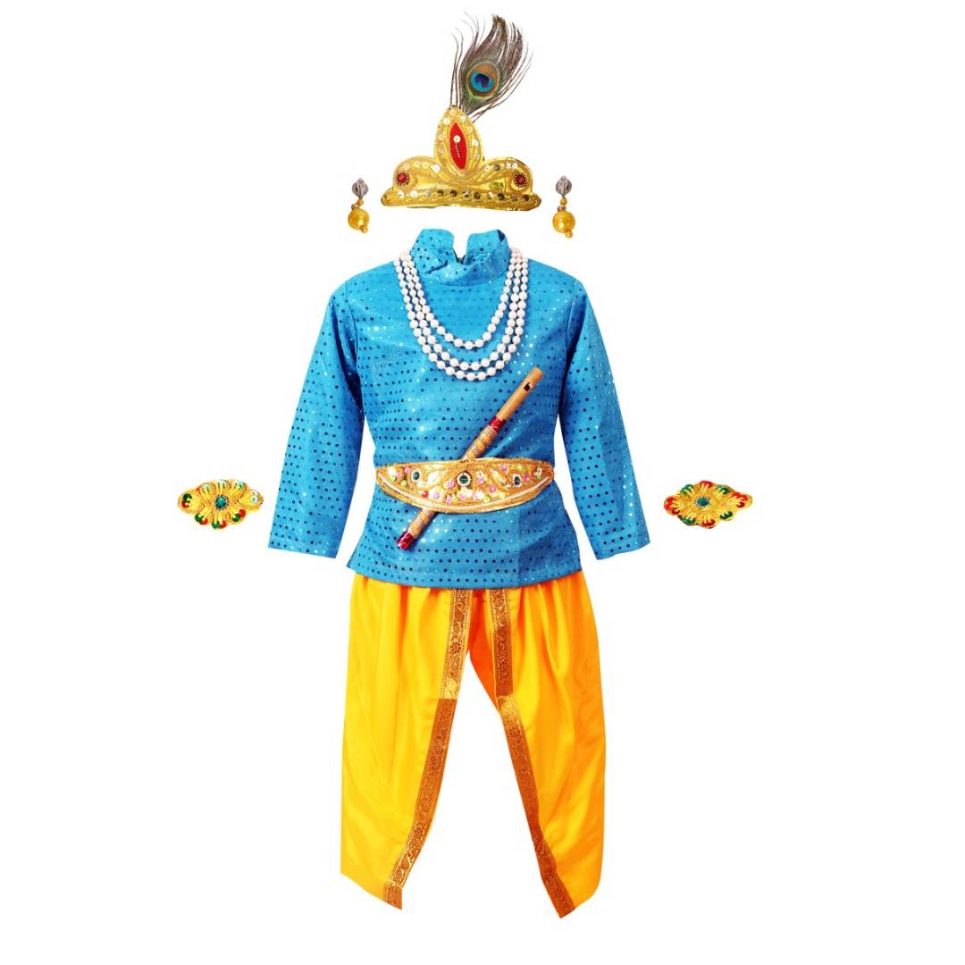 Krishna Dress for Kids Set of 7 Dhoti,Kurta,Mukut,Morpankh,Bansuri,Belt,Motimala