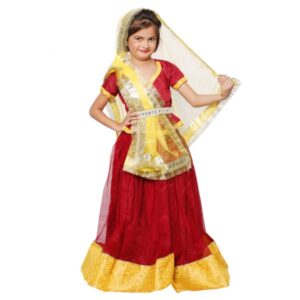 Radha Navratri Garba Girls Dress for Kids Lehenga/Chaniya,Choli with Dupatta- Maroon &Yellow